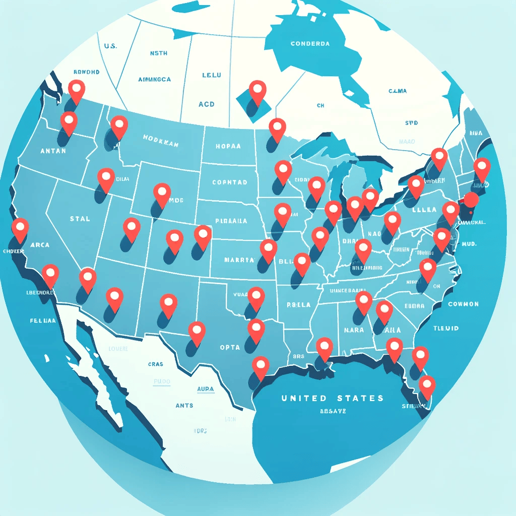 DALL·E 2024-03-13 21.54.49 - Create a 2D flat vector image showcasing nationwide coverage across the United States, using a more subdued color palette. The map should be a light b